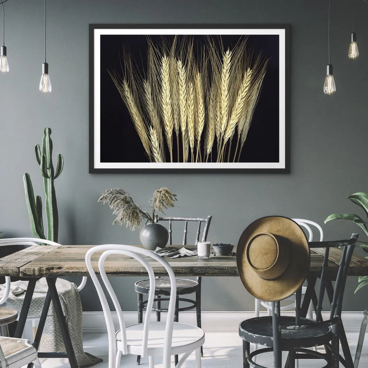 Affiche dans un cadre noir - Poster - Épis de blé sur fond noir dans un style rustique - 70x50cm - Magie rustique - Décoration murale moderne pour le salon et la chambre ARTTOR