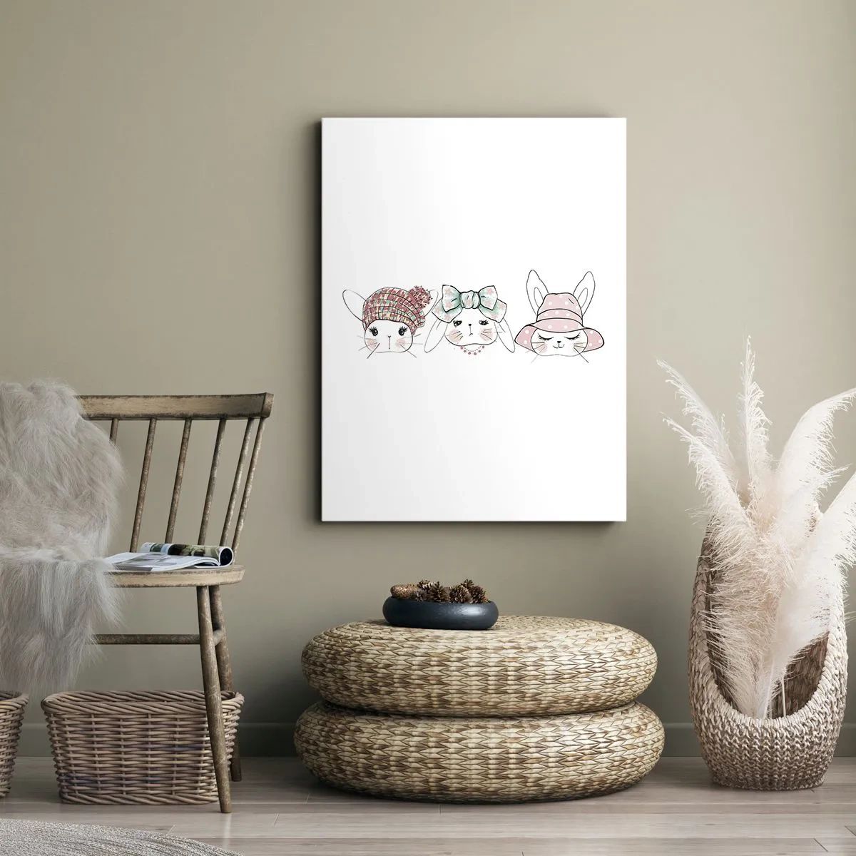 Impression sur toile - Image sur toile - Adorables lapins portant des coiffes pastel - 50x70cm - Pensif, triste, satisfait - Décoration murale moderne pour le salon et la chambre ARTTOR