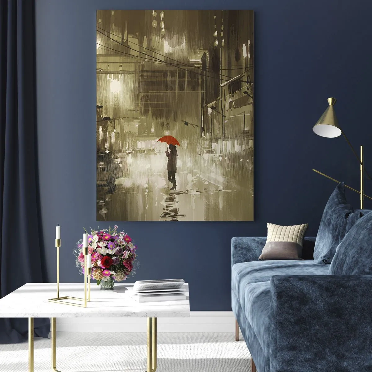 Impression sur verre - Image sur verre - Une silhouette avec un parapluie rouge dans une ville pluvieuse - 70x100cm - Seule mais pas solitaire - Décoration murale moderne pour le salon et la chambre ARTTOR