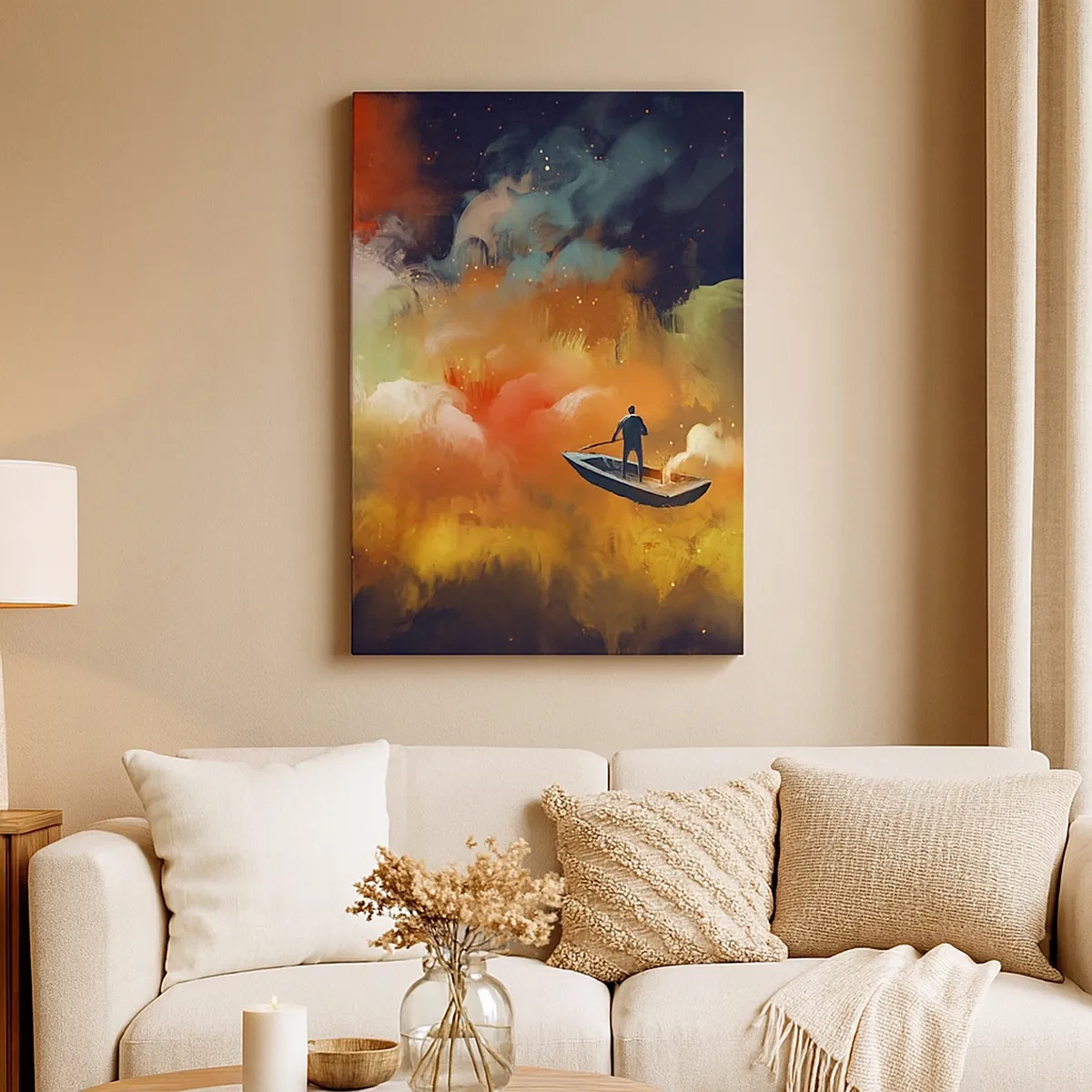 Impression sur toile - Image sur toile - Une silhouette dans un bateau sur un fond de nuages colorés - 50x70cm - En bateau à travers la galaxie - Décoration murale moderne pour le salon et la chambre ARTTOR