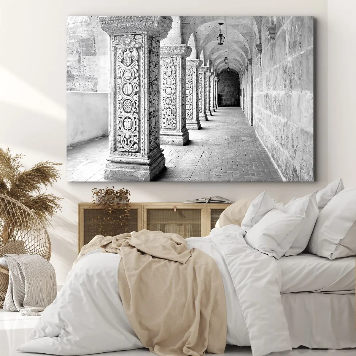 Impression sur toile - Image sur toile - Colonnes historiques dans une prise de vue monochrome - 100x70cm - Où cela mène-t-il…? - Décoration murale moderne pour le salon et la chambre ARTTOR