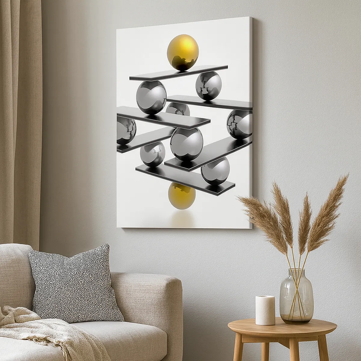 Impression sur toile - Image sur toile - Composition géométrique avec des boules métalliques et un accent doré - 50x70cm - Balance d'or et d'argent - Décoration murale moderne pour le salon et la chambre ARTTOR