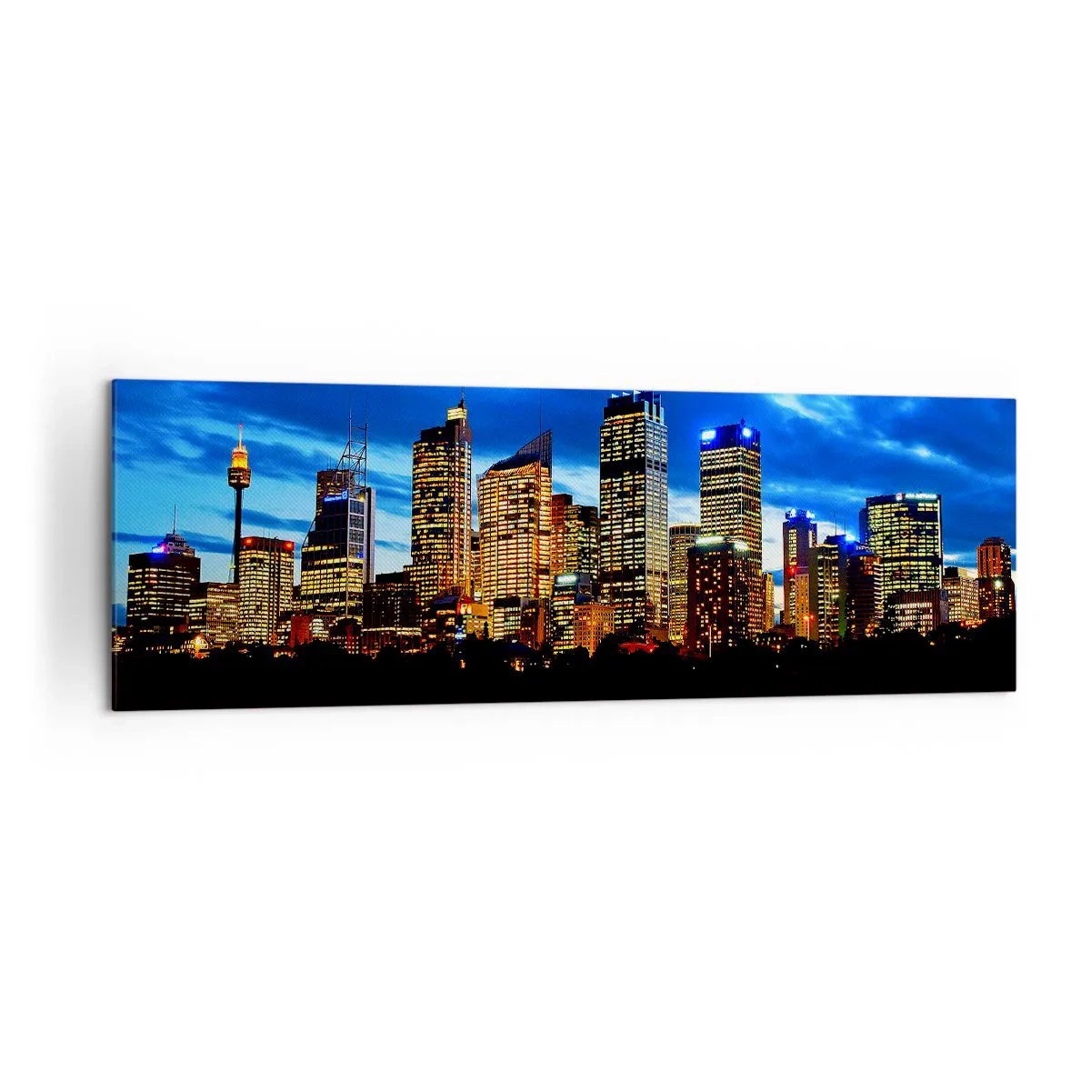 Impression sur toile - Image sur toile - Panorama de la ville nocturne avec des gratte-ciel illuminés au-dessus de l'eau - 160x50cm - Une nuit de lumières et de couleurs - Décoration murale moderne pour le salon et la chambre ARTTOR