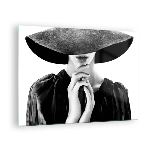 Impression sur verre - Image sur verre - Femme élégante en noir avec un chapeau couvrant son visage - 70x50cm - Beauté cachée - Décoration murale moderne pour le salon et la chambre ARTTOR