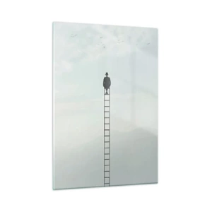 Impression sur verre - Image sur verre - Silhouette d'un homme au sommet d'une échelle dans les nuages - 50x70cm - Se soulever au-dessus - Décoration murale moderne pour le salon et la chambre ARTTOR