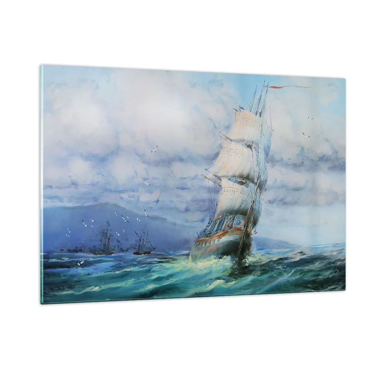 Impression sur verre - Image sur verre - Un navire avec des voiles naviguant sur une mer agitée sous un ciel nuageux - 120x80cm - Vents favorables - Décoration murale moderne pour le salon et la chambre ARTTOR