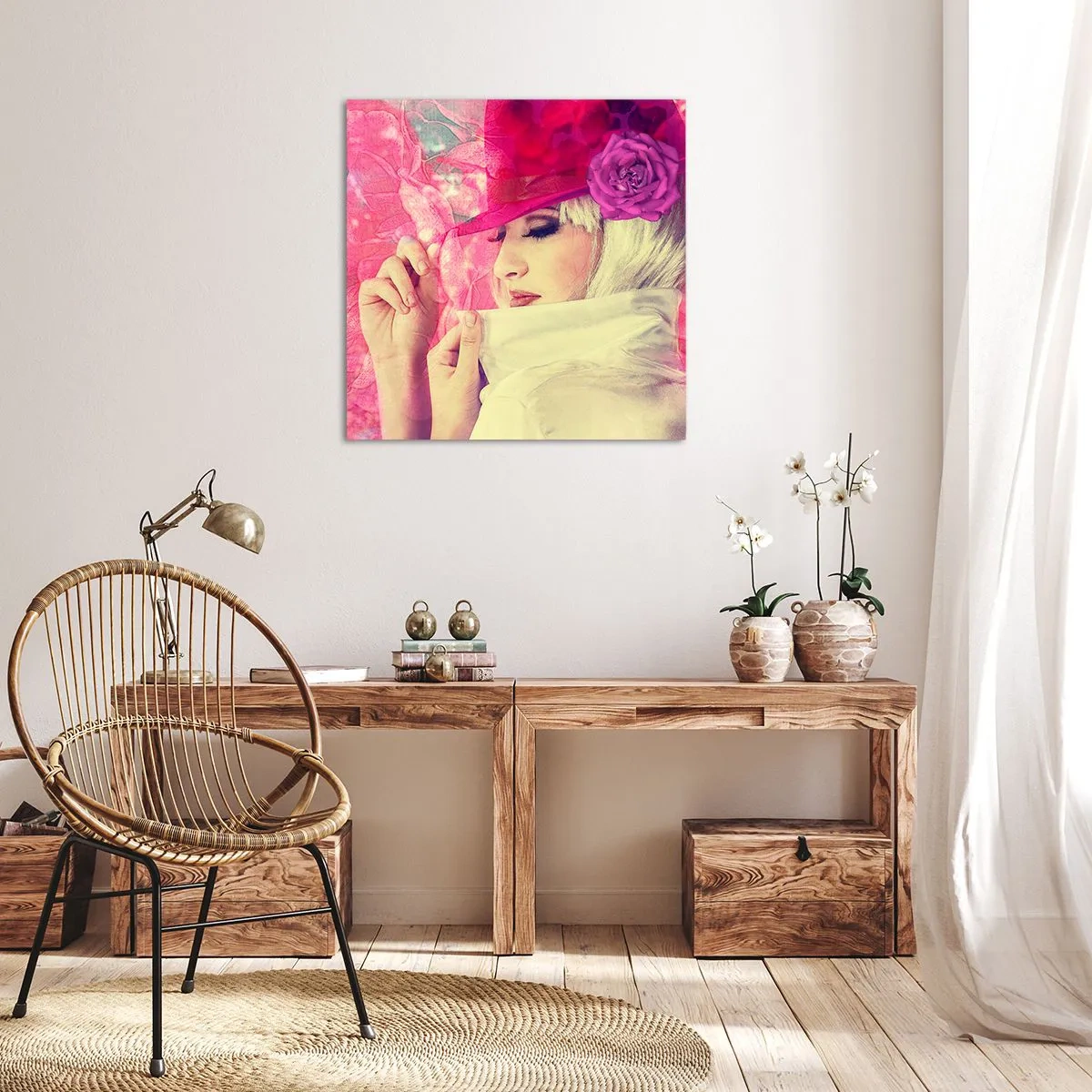 Impression sur toile - Image sur toile - Portrait rétro dans une brume rose - 60x60 cm