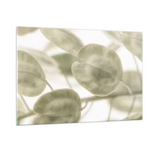 Impression sur verre - Image sur verre - Gros plan de feuilles dans des tons pastel doux de vert - 120x80cm - Au commencement il y avait des feuilles... - Décoration murale moderne pour le salon et la chambre ARTTOR