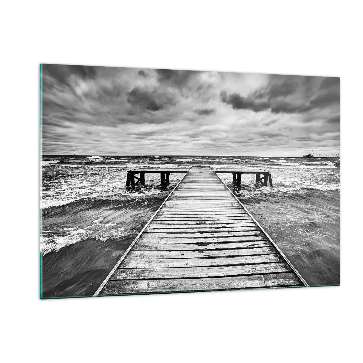 Impression sur verre - Image sur verre - Une jetée noire et blanche au milieu de vagues agitées - 120x80cm - J'attends que le vent, ça le chassera... - Décoration murale moderne pour le salon et la chambre ARTTOR