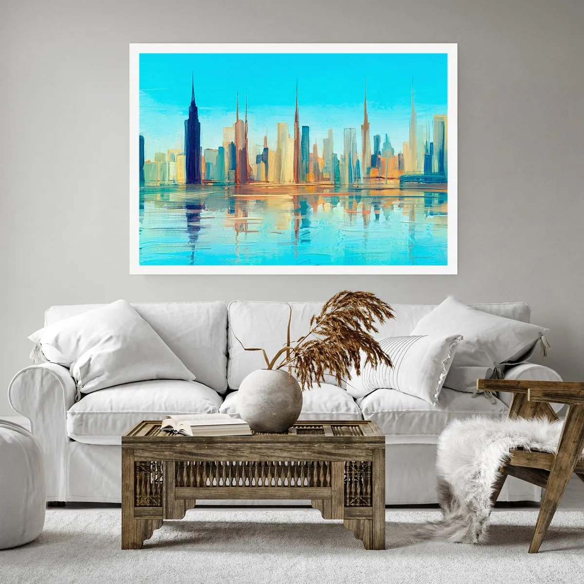 Affiche - Poster - Un panorama de la ville aux couleurs chaudes avec reflet dans l'eau - 100x70cm - Une métropole ensoleillée - Décoration murale moderne pour le salon et la chambre ARTTOR