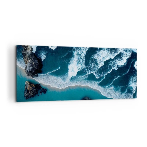 Impression sur toile - Image sur toile - Vue aérienne des vagues s'écrasant sur le rivage - 120x50cm - Enveloppé par les vagues - Décoration murale moderne pour le salon et la chambre ARTTOR