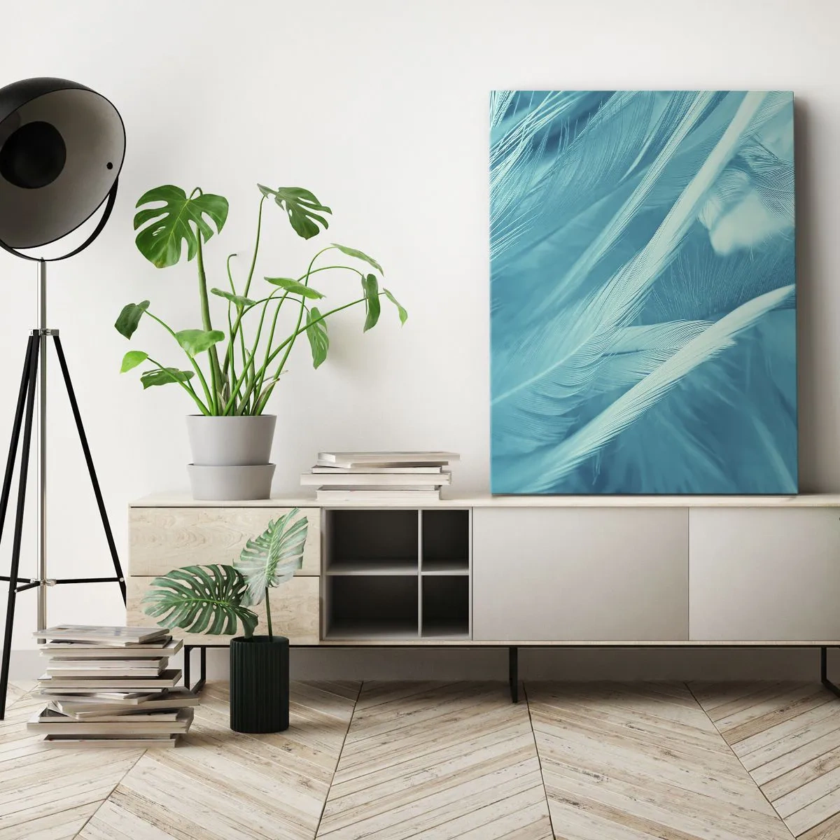 Impression sur toile - Image sur toile - Gros plan de délicates plumes turquoises - 50x70cm - Se noyer dans les plumes - Décoration murale moderne pour le salon et la chambre ARTTOR