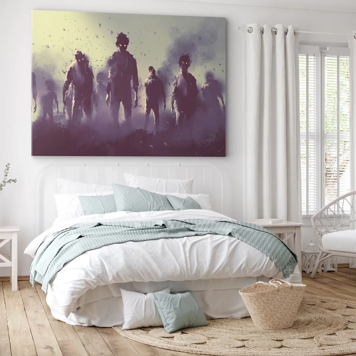 Impression sur toile - Image sur toile - Scène sombre avec des silhouettes aux yeux jaunes - 70x50cm - Fais attention! Ils arrivent - Décoration murale moderne pour le salon et la chambre ARTTOR