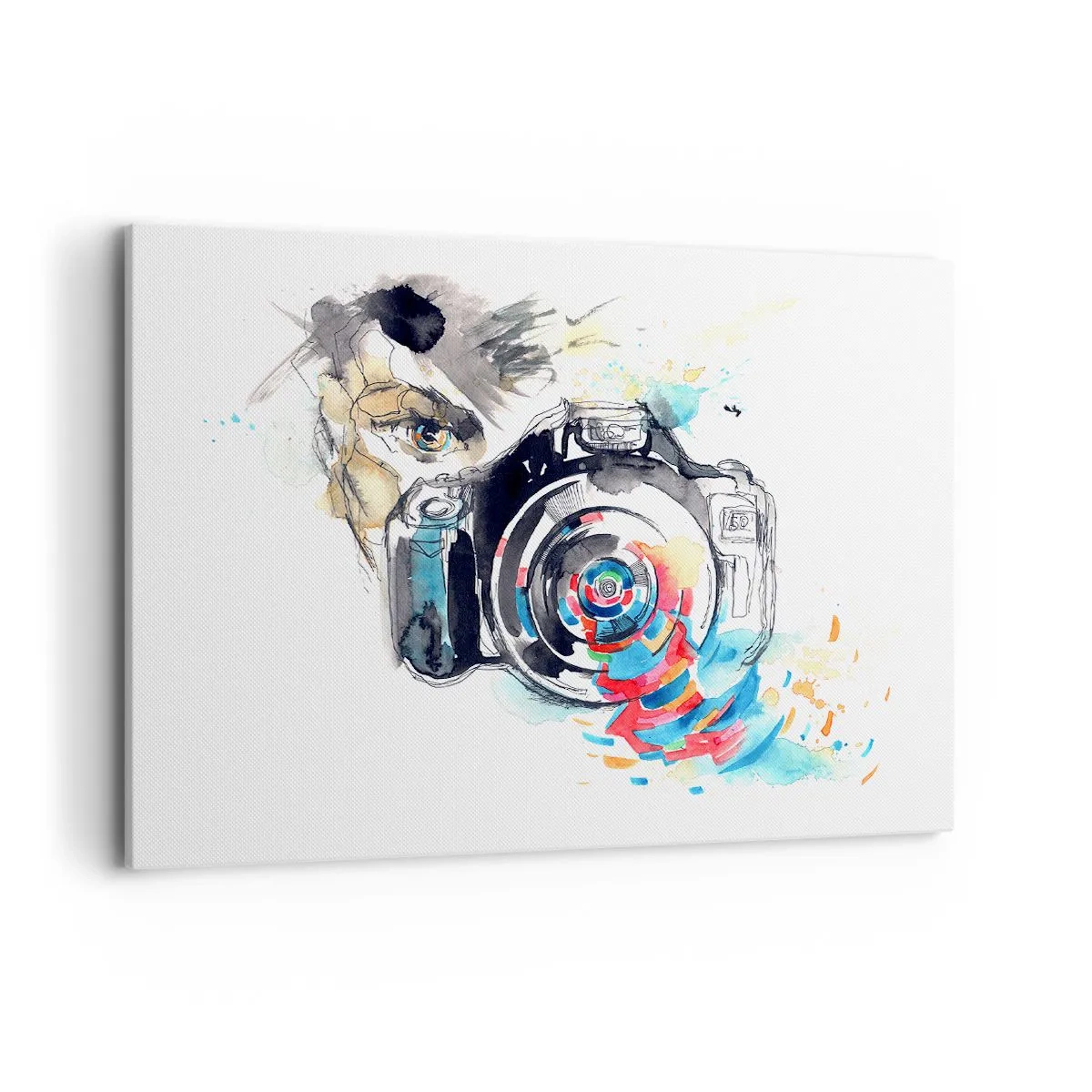 Impression sur toile - Image sur toile - Appareil photo aquarelle avec des détails colorés - 100x70cm - Dans l'oeil de l'objectif - Décoration murale moderne pour le salon et la chambre ARTTOR