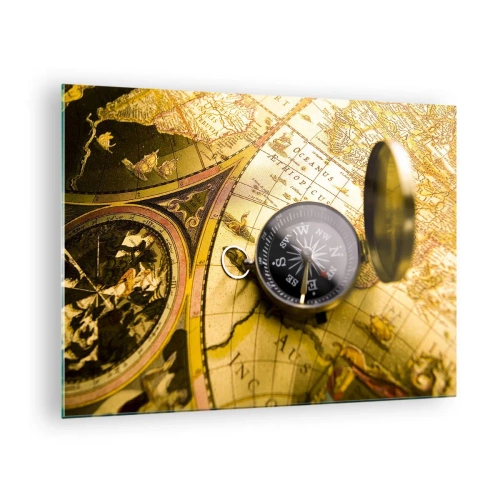 Impression sur verre - Image sur verre - Une carte dorée avec une boussole comme accent d'aventure - 70x50cm - Ou peut-être jusqu'au bout du monde ? - Décoration murale moderne pour le salon et la chambre ARTTOR