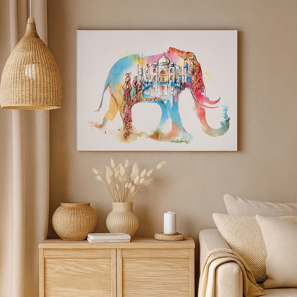 Impression sur toile - Image sur toile - Aquarelle colorée d'un éléphant avec un motif du Taj Mahal - 70x50cm - Inde - l'aura de l'amour - Décoration murale moderne pour le salon et la chambre ARTTOR