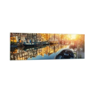 Impression sur verre - Image sur verre - Canal d'Amsterdam au coucher du soleil - 160x50cm - Début de journée à Amsterdam - Décoration murale moderne pour le salon et la chambre ARTTOR