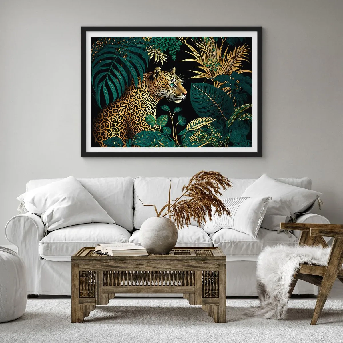 Affiche dans un cadre noir - Poster - Léopard dans des feuilles tropicales sur fond noir - 70x50cm - Un hôte dans la jungle - Décoration murale moderne pour le salon et la chambre ARTTOR