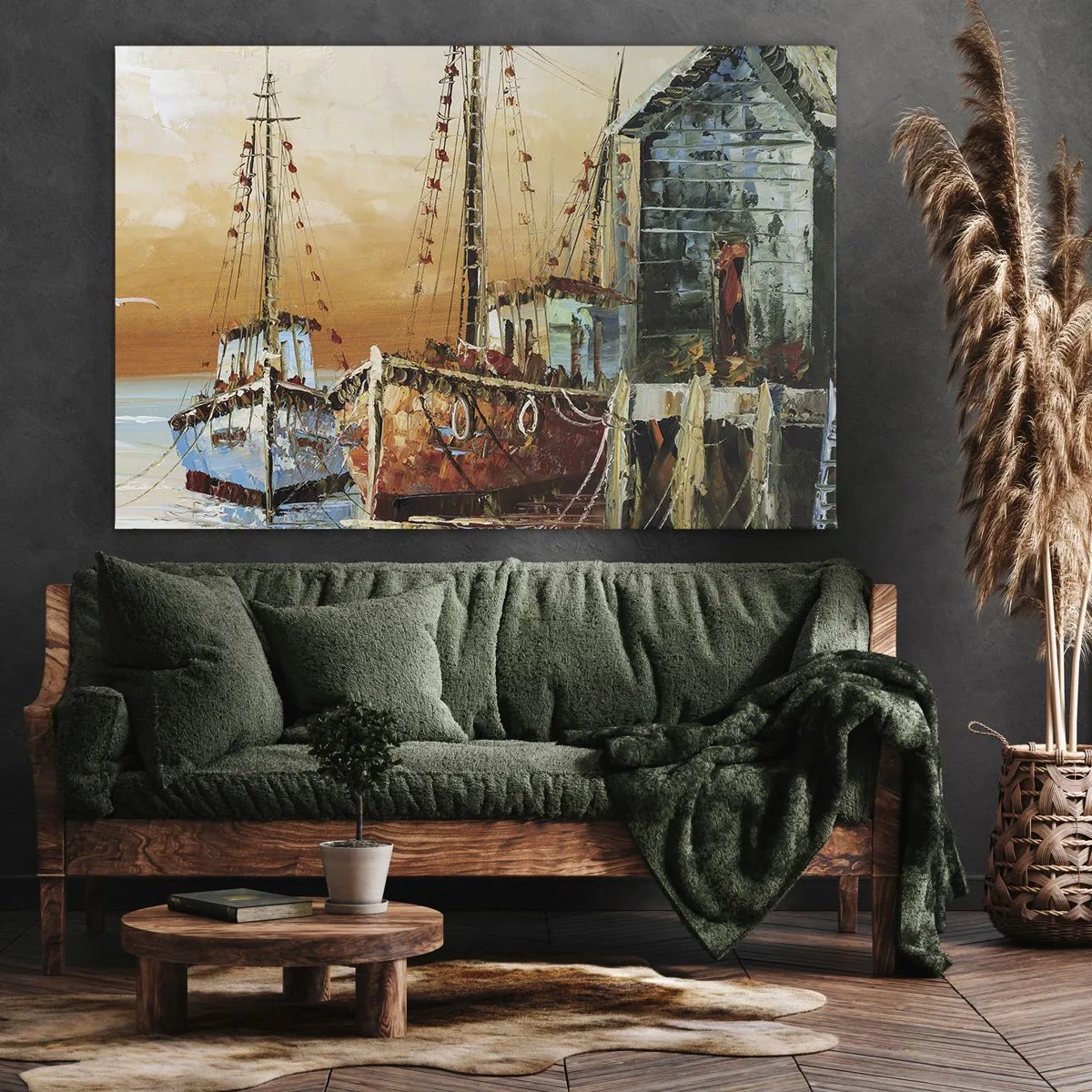 Impression sur toile - Image sur toile - Bateaux sur le rivage dans la chaude lumière du coucher de soleil - 120x80cm - Retour tranquille - Décoration murale moderne pour le salon et la chambre ARTTOR