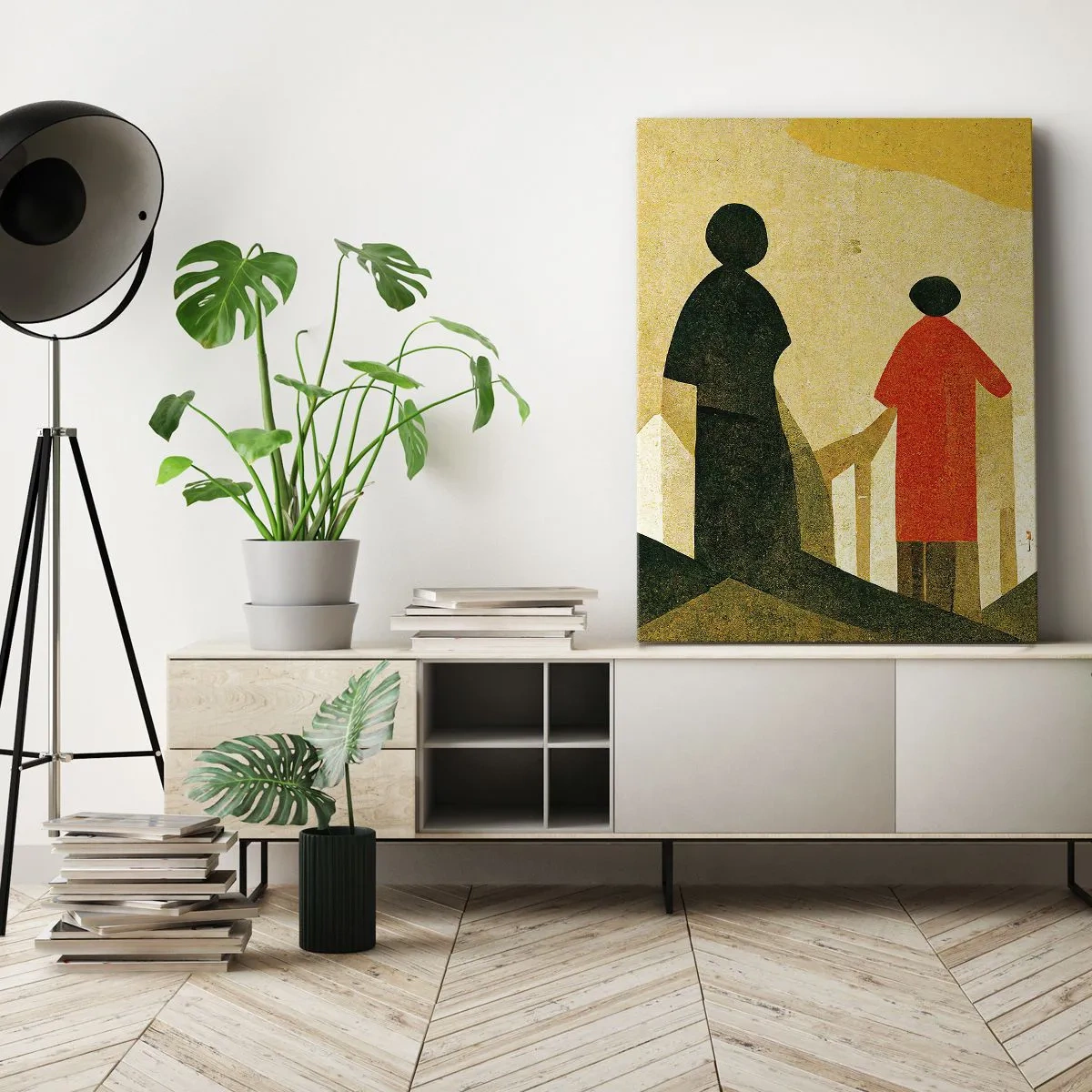 Impression sur toile - Image sur toile - Silhouettes géométriques en rouge et vert sur fond jaune - 70x100cm - La route est encore longue - Décoration murale moderne pour le salon et la chambre ARTTOR
