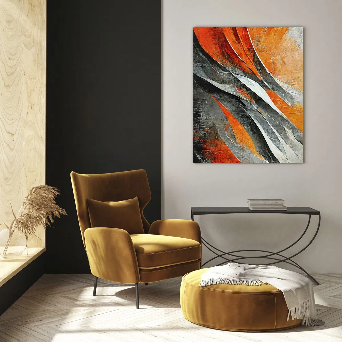 Impression sur verre - Image sur verre - Lignes abstraites dans les tons orange et gris - 70x100cm - Chaleur et froid - Décoration murale moderne pour le salon et la chambre ARTTOR