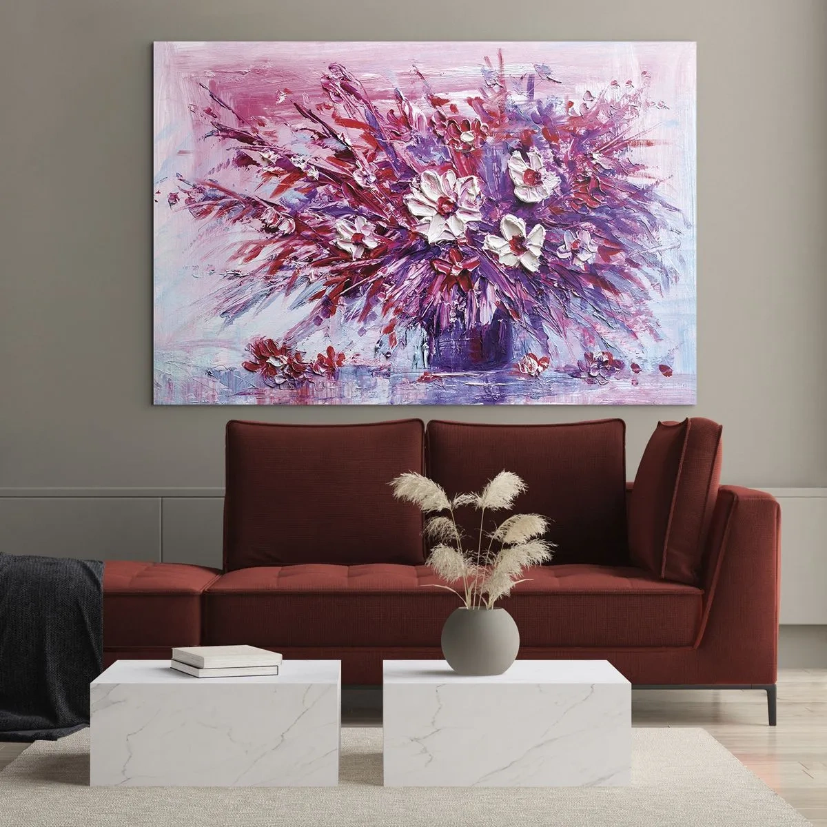 Impression sur verre - Image sur verre - Un bouquet de fleurs dans les tons de rose et de violet - 120x80cm - Innocence et passion - Décoration murale moderne pour le salon et la chambre ARTTOR