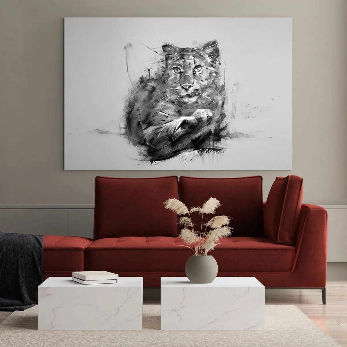 Impression sur verre - Image sur verre - Un dessin d'un tigre dans un style monochrome sur un fond clair - 70x50cm - Oui, j'écoute attentivement - Décoration murale moderne pour le salon et la chambre ARTTOR
