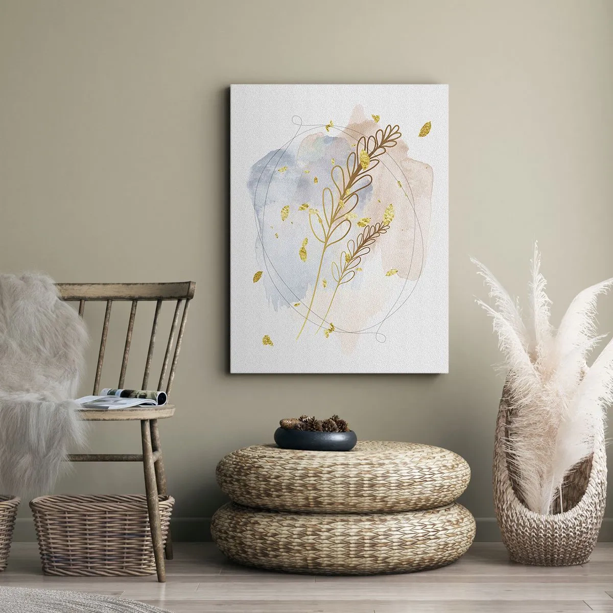 Impression sur toile - Image sur toile - Un délicat motif de feuille dorée sur un fond pastel avec des détails aquarelles. - 50x70cm - Explosion d'or - Décoration murale moderne pour le salon et la chambre ARTTOR