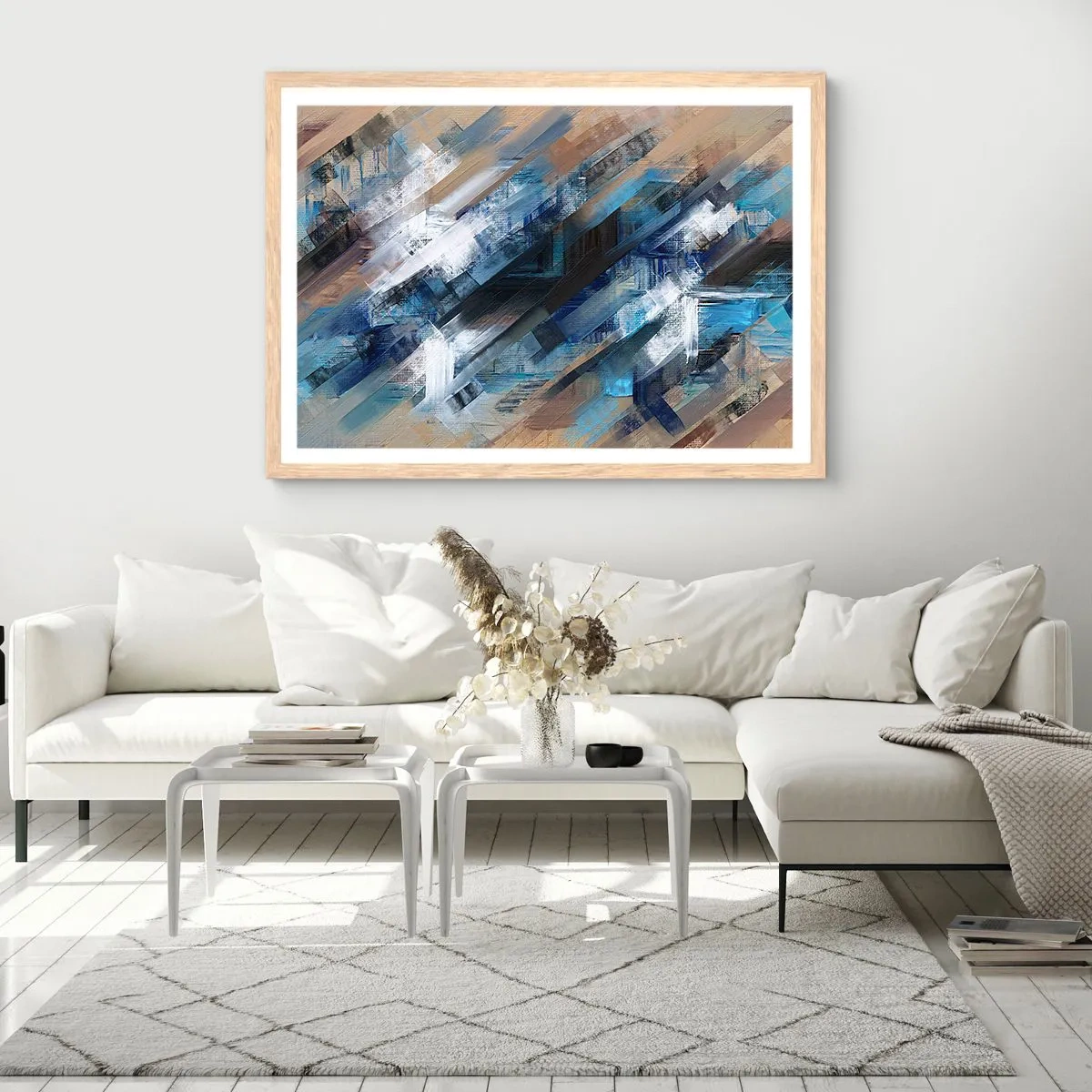 Affiche dans un chêne clair - Poster - Diagonale de bleus - 100x70 cm