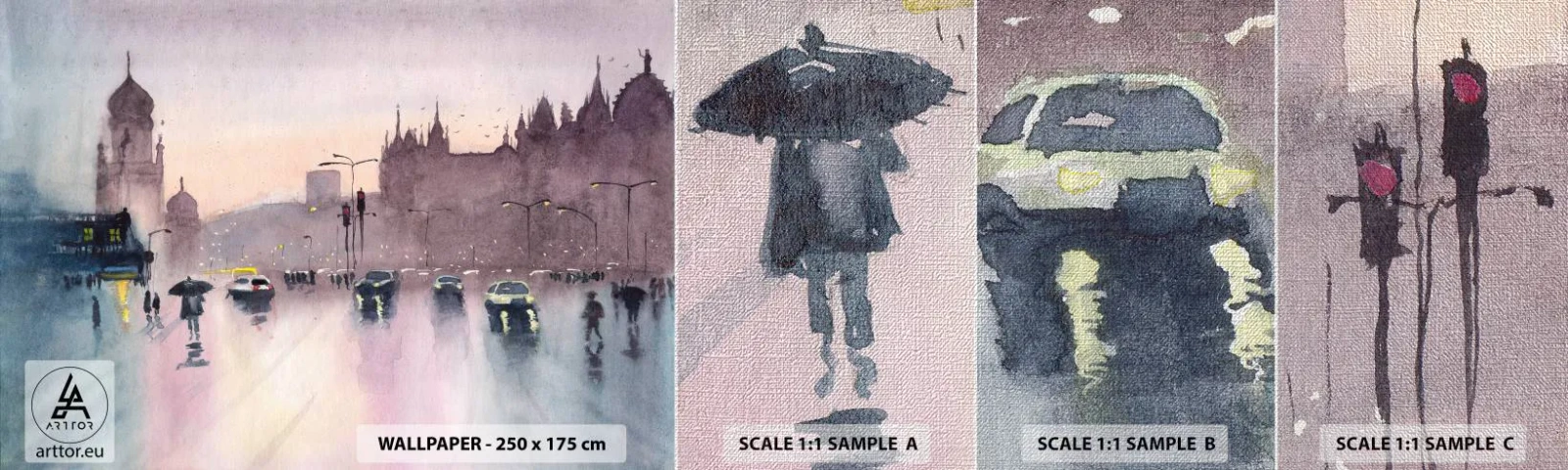 Échantillon de Papier Peint Premium Canvas - Dans une brume pluvieuse - Ville, Architecture, Les monuments - 100x30 cm