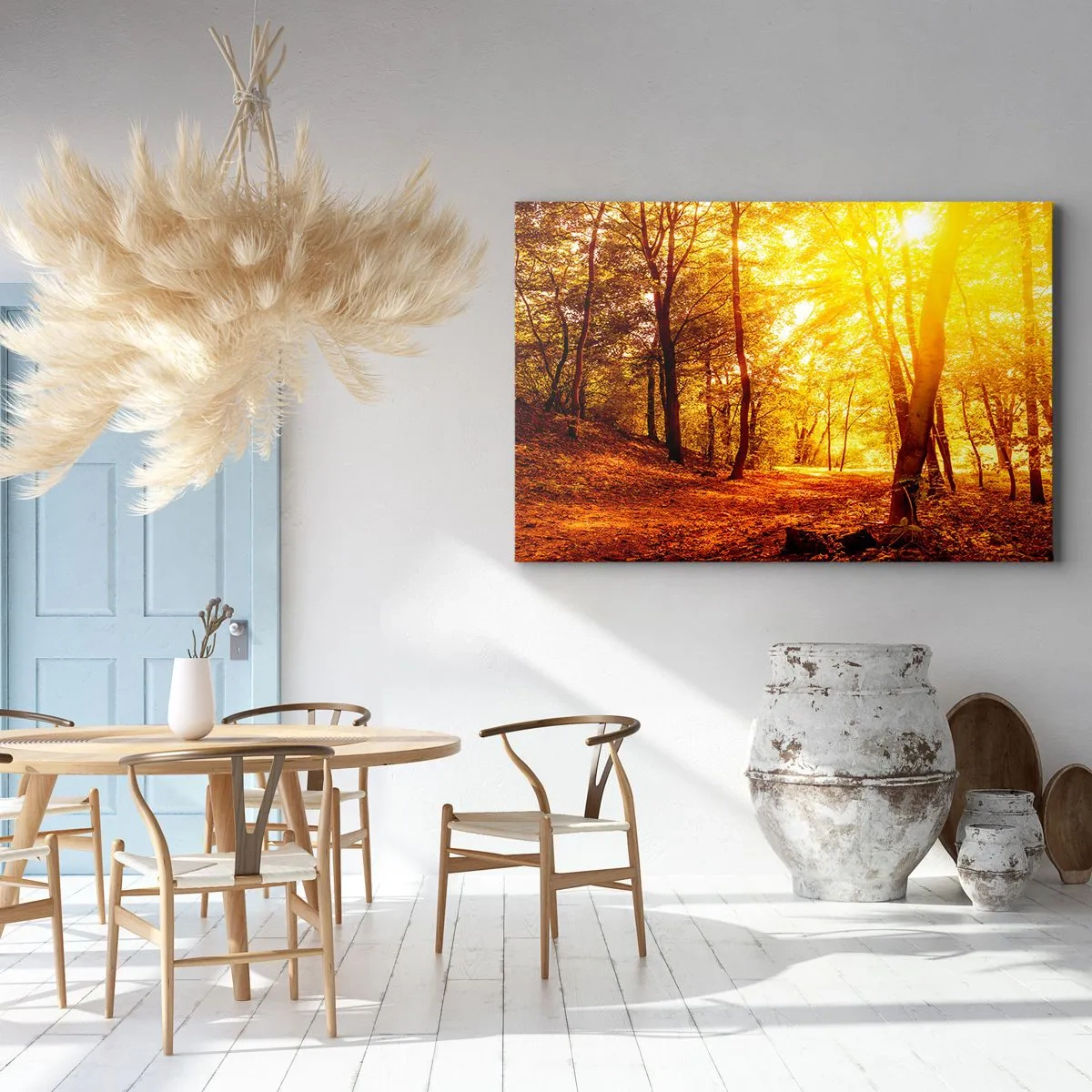 Impression sur toile - Image sur toile - Clairière d'automne sous le soleil doré avec un sentier forestier - 70x50cm - Vers la clairière dorée - Décoration murale moderne pour le salon et la chambre ARTTOR