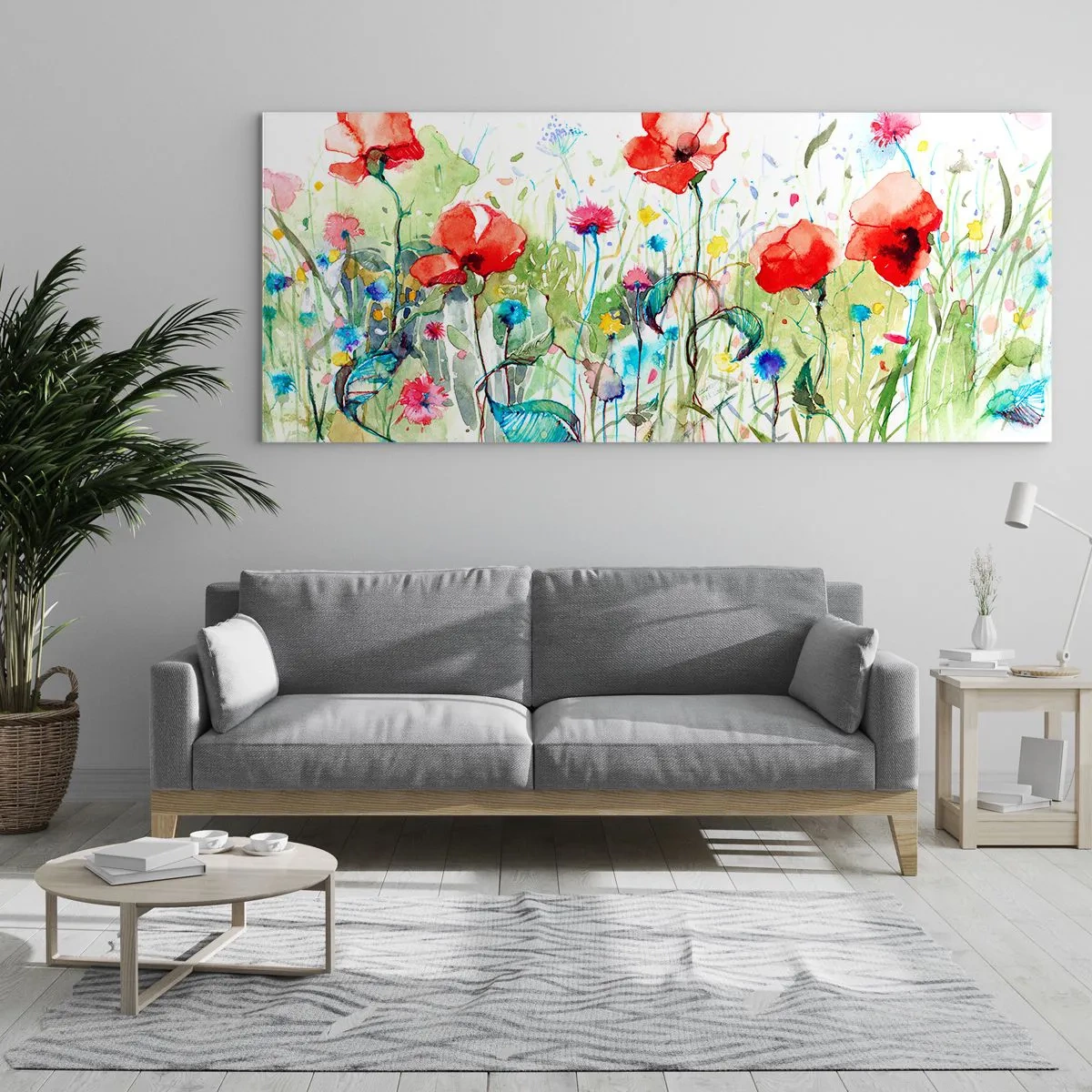 Impression sur verre - Image sur verre - Une prairie avec des coquelicots rouges et des fleurs colorées à l'aquarelle - 120x50cm - Prairie de fleurs en mai - Décoration murale moderne pour le salon et la chambre ARTTOR