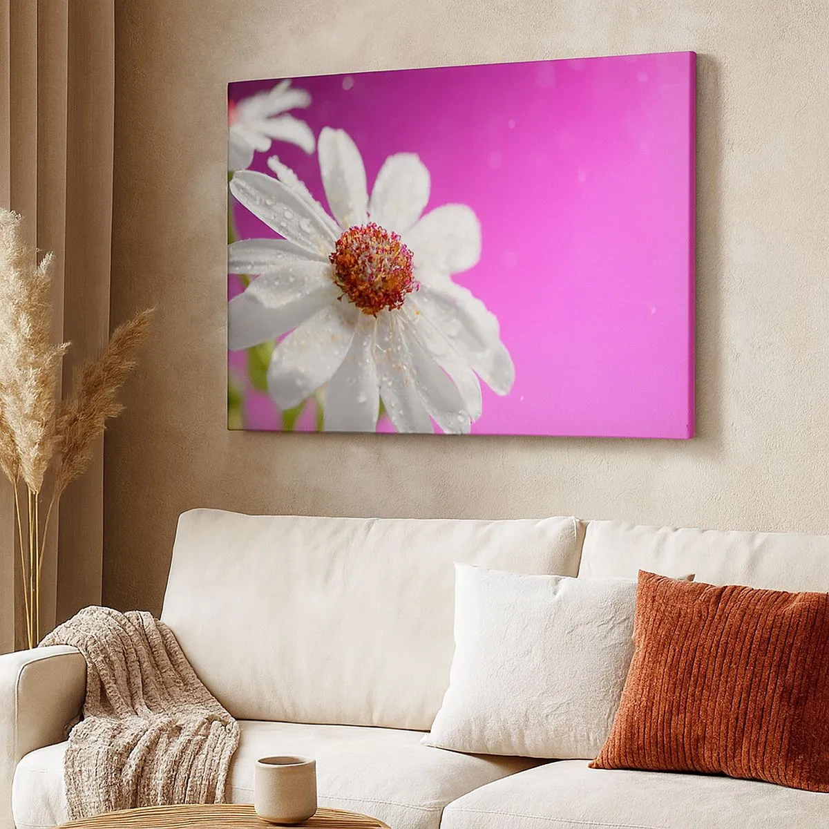 Impression sur toile - Image sur toile - Une marguerite blanche recouverte de gouttes d'eau sur un fond rose - 70x50cm - Modeste dans sa beauté - Décoration murale moderne pour le salon et la chambre ARTTOR