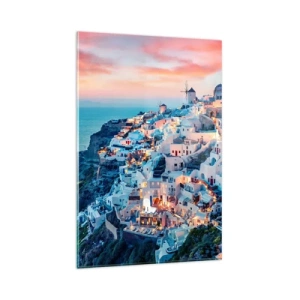 Impression sur verre - Image sur verre - Santorin au coucher du soleil avec des bâtiments blancs sur la colline - 80x120cm - Vos grandes vacances en Grèce - Décoration murale moderne pour le salon et la chambre ARTTOR