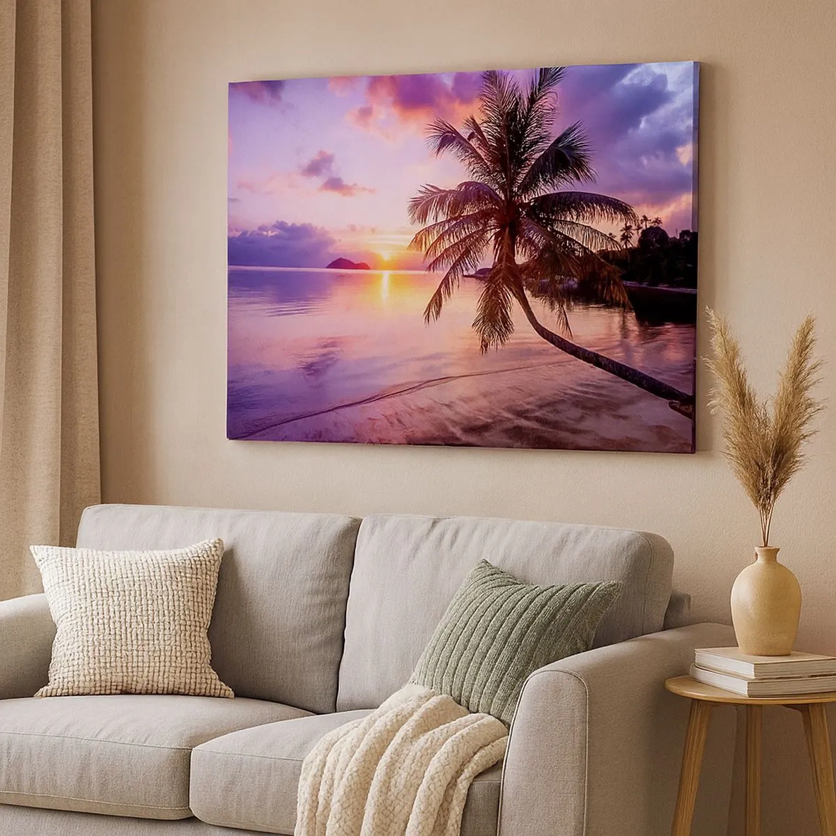 Impression sur toile - Image sur toile - Plage tropicale avec palmier au coucher du soleil - 70x50cm - Le bonheur à l'horizon - Décoration murale moderne pour le salon et la chambre ARTTOR
