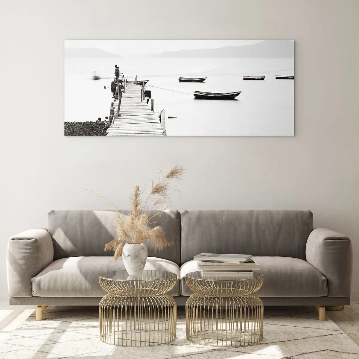 Impression sur verre - Image sur verre - Jetée en bois et bateaux sur une eau calme - 140x50cm - Calme et propre au bord de l'eau - Décoration murale moderne pour le salon et la chambre ARTTOR