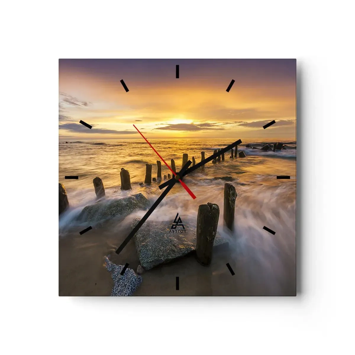 Horloge murale - Pendule murale - Coucher de soleil sur la mer avec les vestiges d'une ancienne jetée - 30x30cm - La beauté brute de la mer Baltique - Décoration murale moderne pour le salon et la chambre ARTTOR