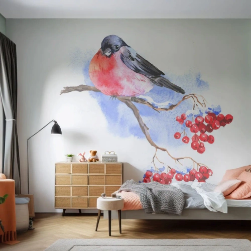 Papier Peint Photo Premium Sand - L'hiver en couleurs - Oiseau sur une branche, Rowan rouge, Graphique - 200x140 cm