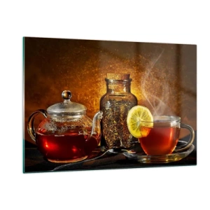 Impression sur verre - Image sur verre - Une théière en verre et une tasse de thé au citron - 120x80cm - Dans le style des maîtres hollandais - Décoration murale moderne pour le salon et la chambre ARTTOR