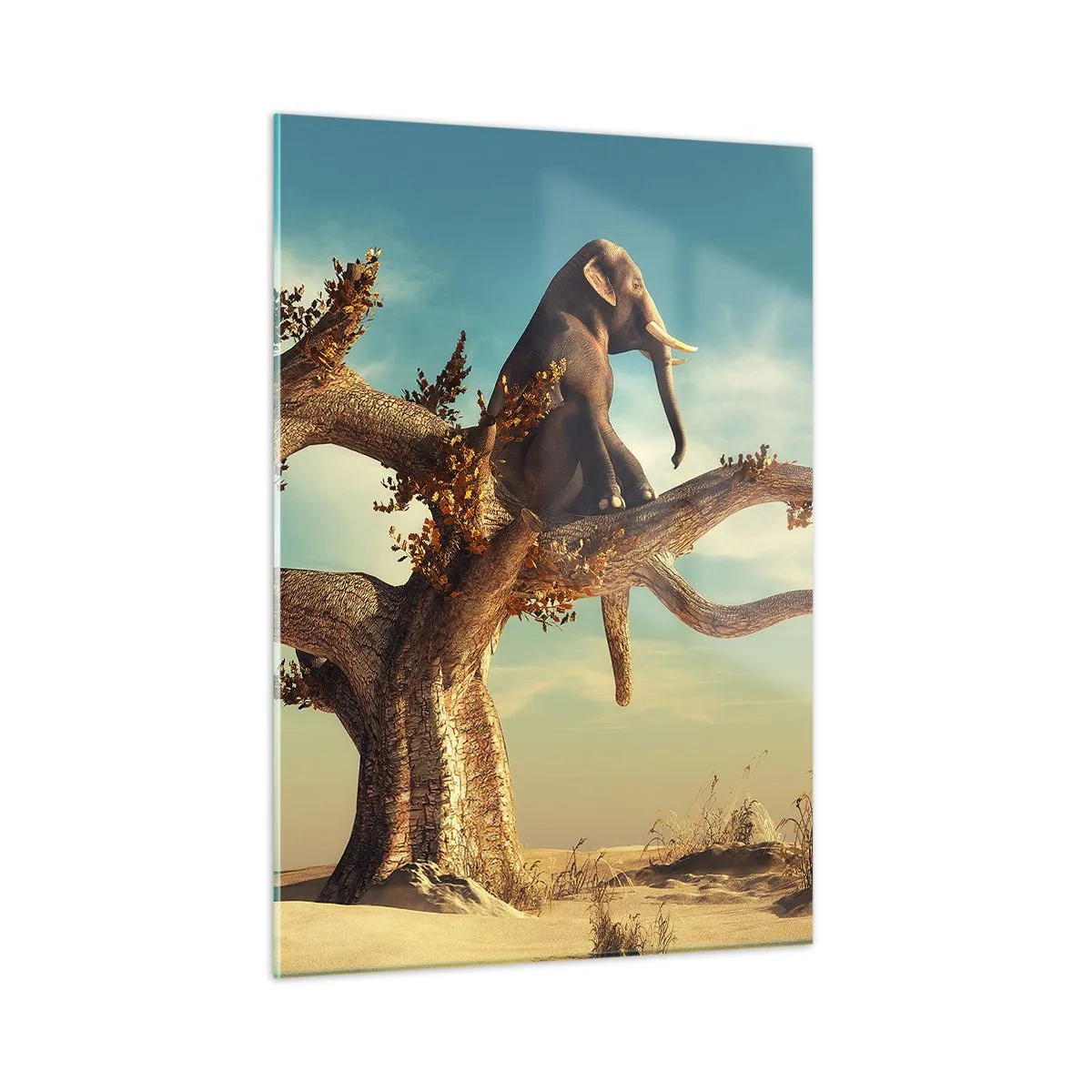 Impression sur verre - Image sur verre - Un éléphant assis sur un arbre sur fond de désert - 50x70cm - Nouveau point de vue - Décoration murale moderne pour le salon et la chambre ARTTOR