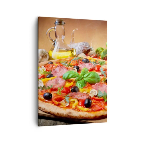 Impression sur toile - Image sur toile - Pizza appétissante sur une table en bois avec garnitures - 50x70cm - Avec une vraie saveur italienne - Décoration murale moderne pour le salon et la chambre ARTTOR
