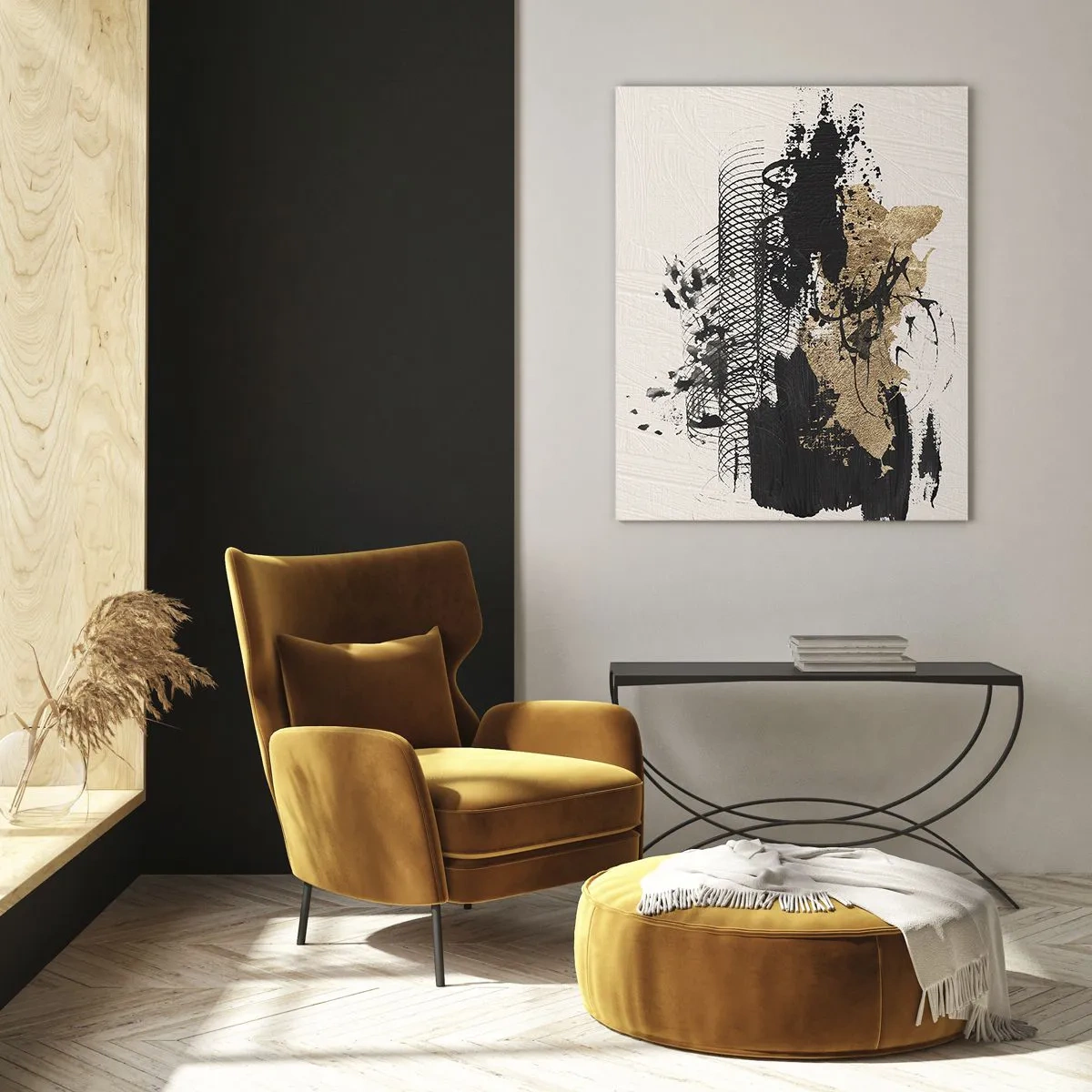 Impression sur verre - Image sur verre - Composition abstraite en noir et or sur fond clair - 50x70cm - Composer avec passion - Décoration murale moderne pour le salon et la chambre ARTTOR