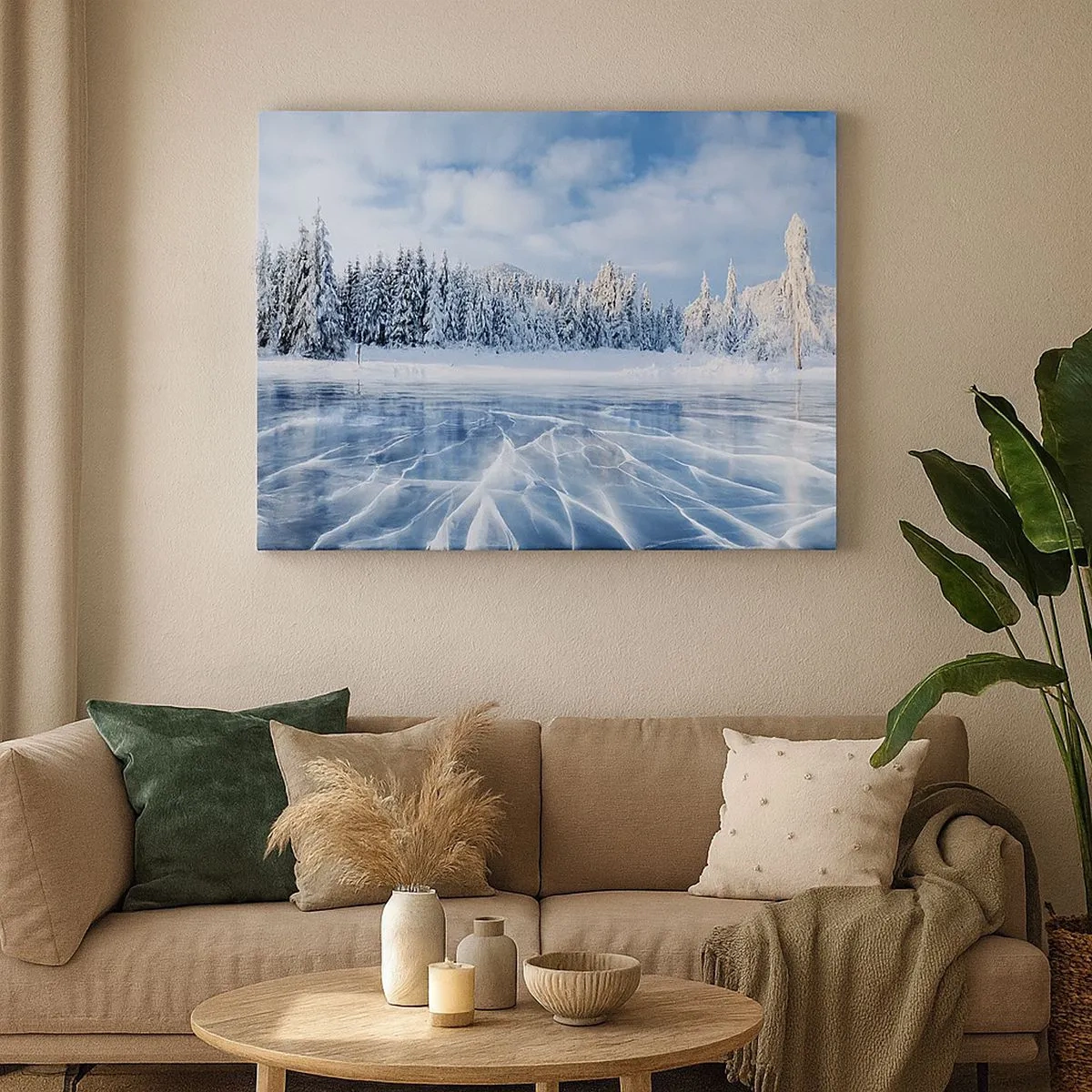 Impression sur toile - Image sur toile - Un lac gelé entouré d'une forêt enneigée - 70x50cm - Vue éblouissante et cristalline - Décoration murale moderne pour le salon et la chambre ARTTOR