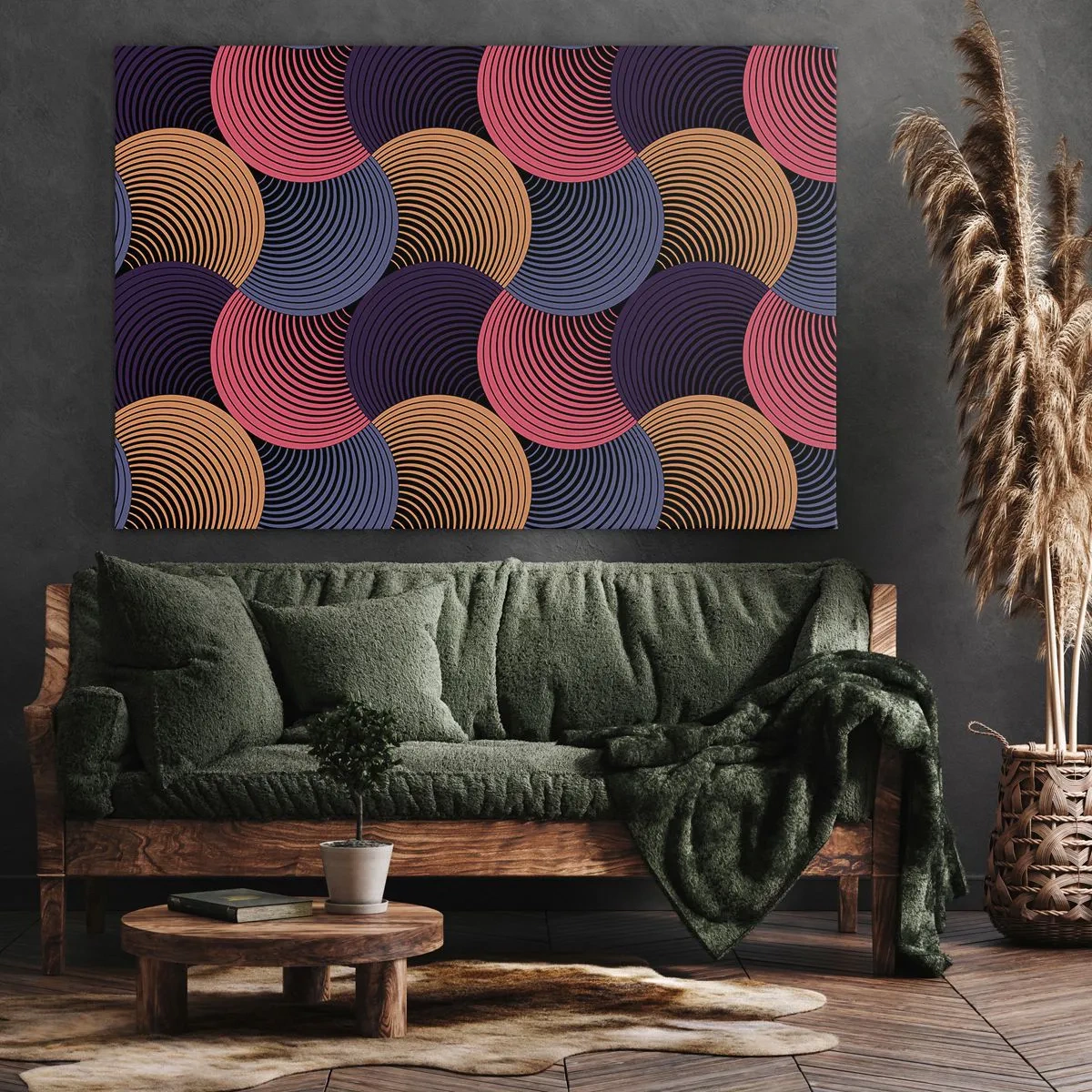 Impression sur toile - Image sur toile - Cercles géométriques dans des tons de rose, violet et or - 120x80cm - Dans un rythme circulaire - Décoration murale moderne pour le salon et la chambre ARTTOR
