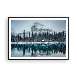 Affiche dans un cadre noir - Poster - Paysage d'hiver avec des chalets dans la forêt au bord d'un lac gelé - 100x70cm - Retraite canadienne - Décoration murale moderne pour le salon et la chambre ARTTOR