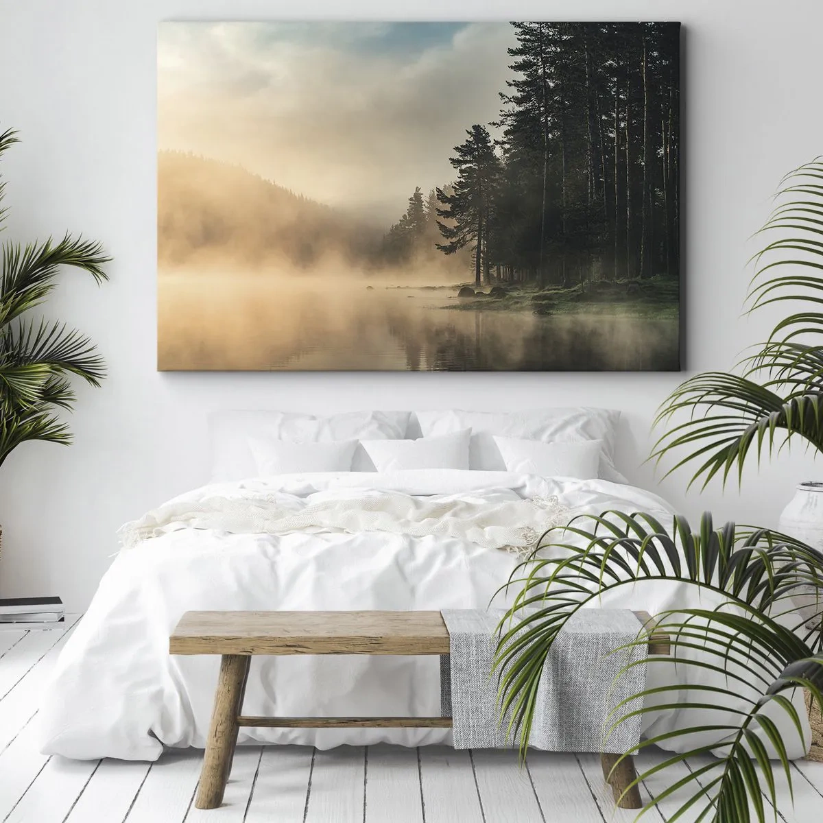 Impression sur toile - Image sur toile - Une forêt brumeuse sur un lac calme - 120x80cm - Naissance du jour - Décoration murale moderne pour le salon et la chambre ARTTOR