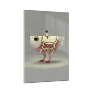 Impression sur verre - Image sur verre - Un cavalier de poisson fantaisie avec des jambes et une selle - 80x120cm - Le cavalier poisson - Décoration murale moderne pour le salon et la chambre ARTTOR