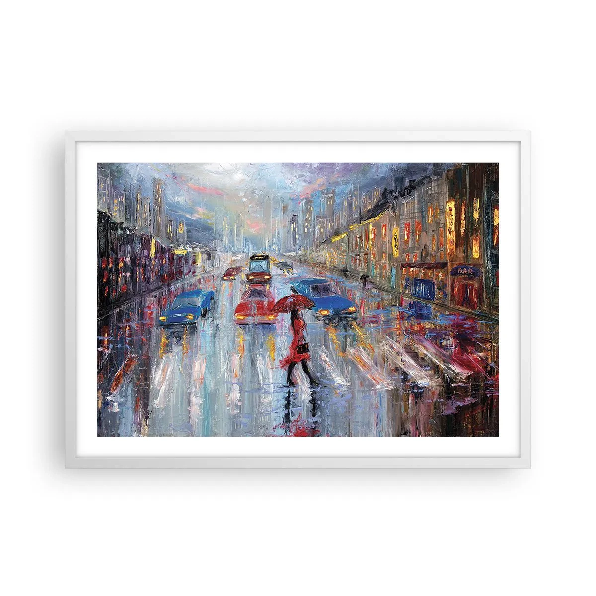 Affiche dans un cadre blanc - Poster - Après-midi pluvieux en ville - 70x50 cm