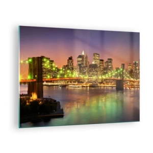 Impression sur verre - Image sur verre - Pont illuminé sur la rivière avec vue panoramique sur la ville au crépuscule - 70x50cm - Ici la lumière ne s'éteint jamais - Décoration murale moderne pour le salon et la chambre ARTTOR
