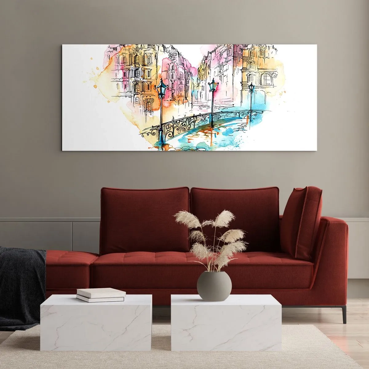 Impression sur verre - Image sur verre - Aquarelle d'un pont et de maisons en forme de cœur - 120x50cm - Le coeur de la ville - Décoration murale moderne pour le salon et la chambre ARTTOR